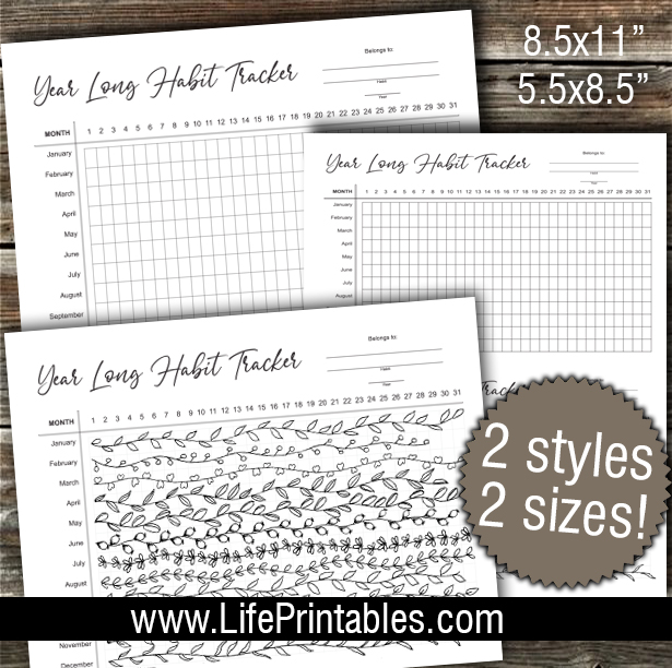 Year Long Habit Tracker (Item 222) 2 sizes and 2 styles