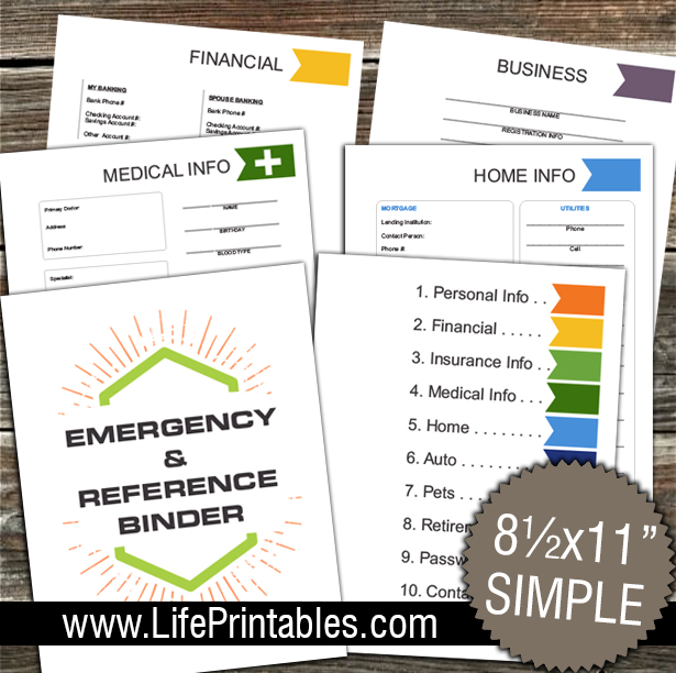 Emergency & Reference Binder (Item 141) 11 pages SIMPLE & ESSENTIAL