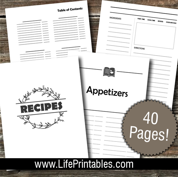 Cookbook Template for 8.5x11" 3 Ring Binder (40 pages) PLUS Meal Planner/Grocery List sheet (Item 70)