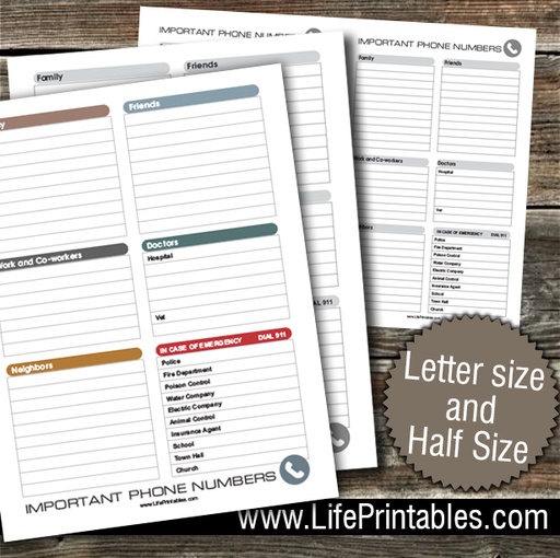 Fridge Phone List (Emergency Contacts) Quick List 8.5x11" & half sheet (Item 121)